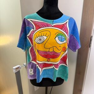 Vintage Allover Print Sun Hand Painted Cotton Shirt Hippie Festival 90s Colorful